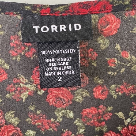 Torrid Dark Floral Print Chiffon Lace Inset Blouse Flare Sleeve Ruffle Tie Neck - Picture 8 of 16